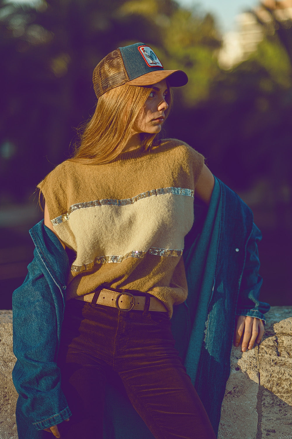 Q2 Sleeveless beige sweater with sequin detail