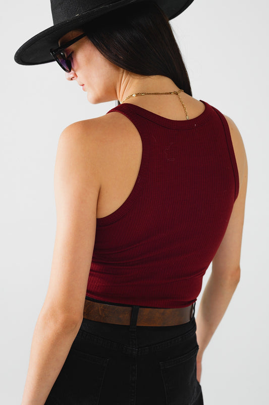 Sleeveless burgundy Top With Ribbed details