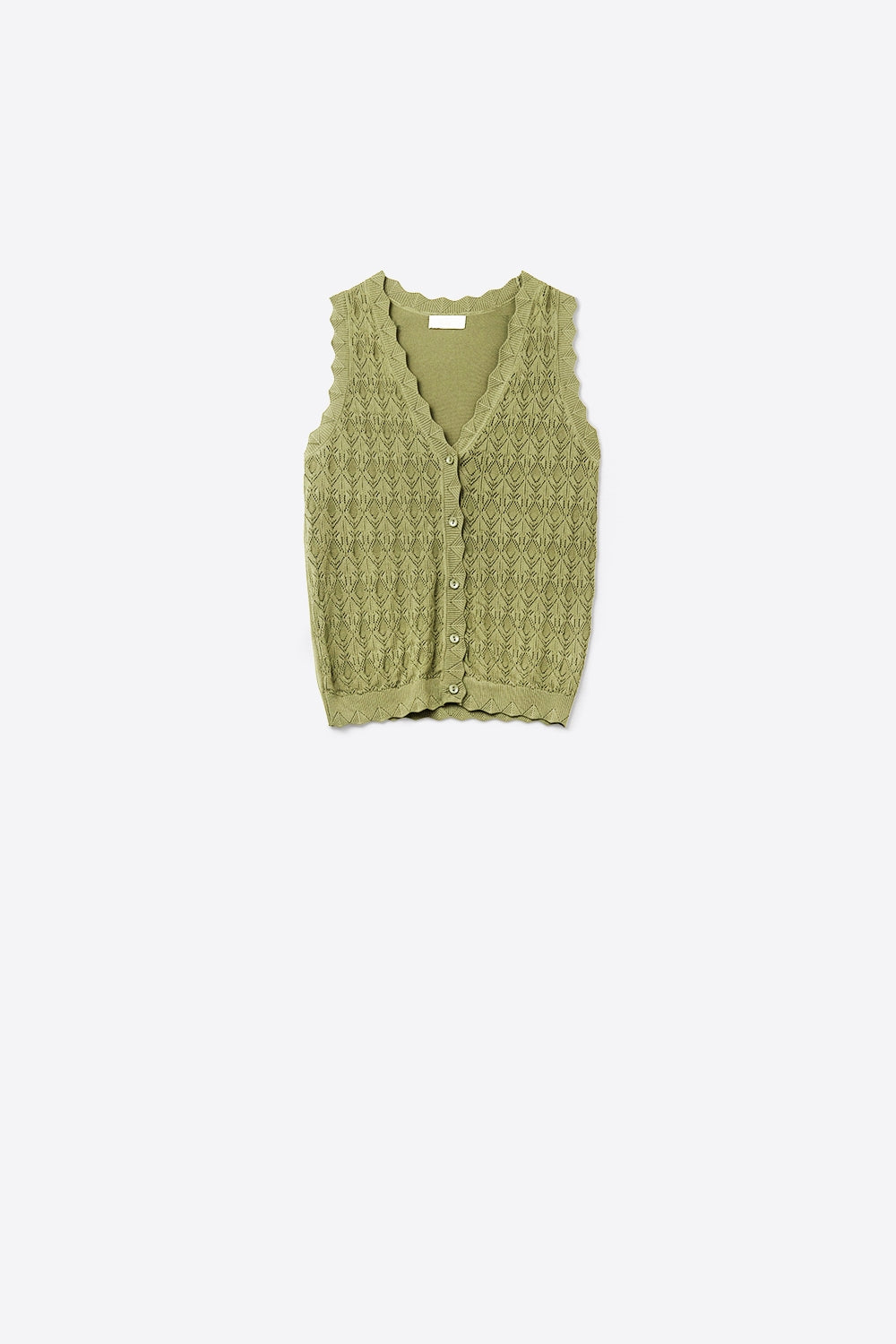 Q2 Pointelle Knitted Vest With Scalloped Edges in Khaki