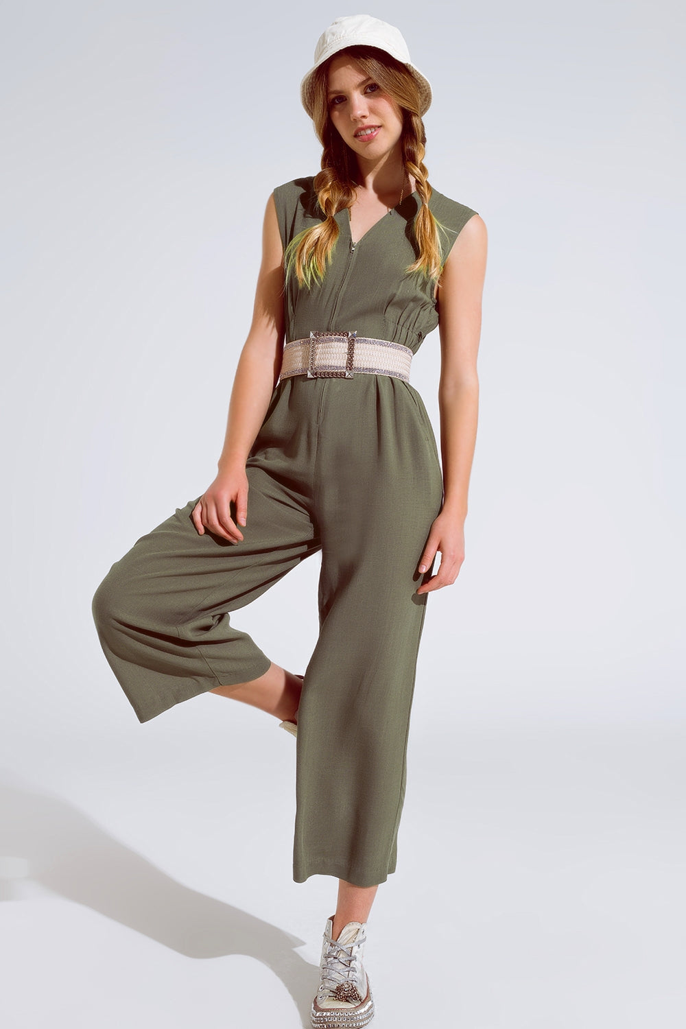 Sleeveless Jumpsuit with zipper detail and belt in khaki