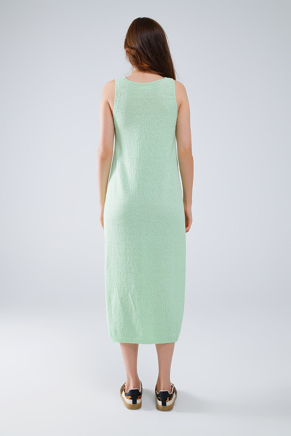 Sleeveless knitted Maxi Green Dress With Side Slit