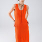 Q2 Sleeveless orange knit midi dress with round neck