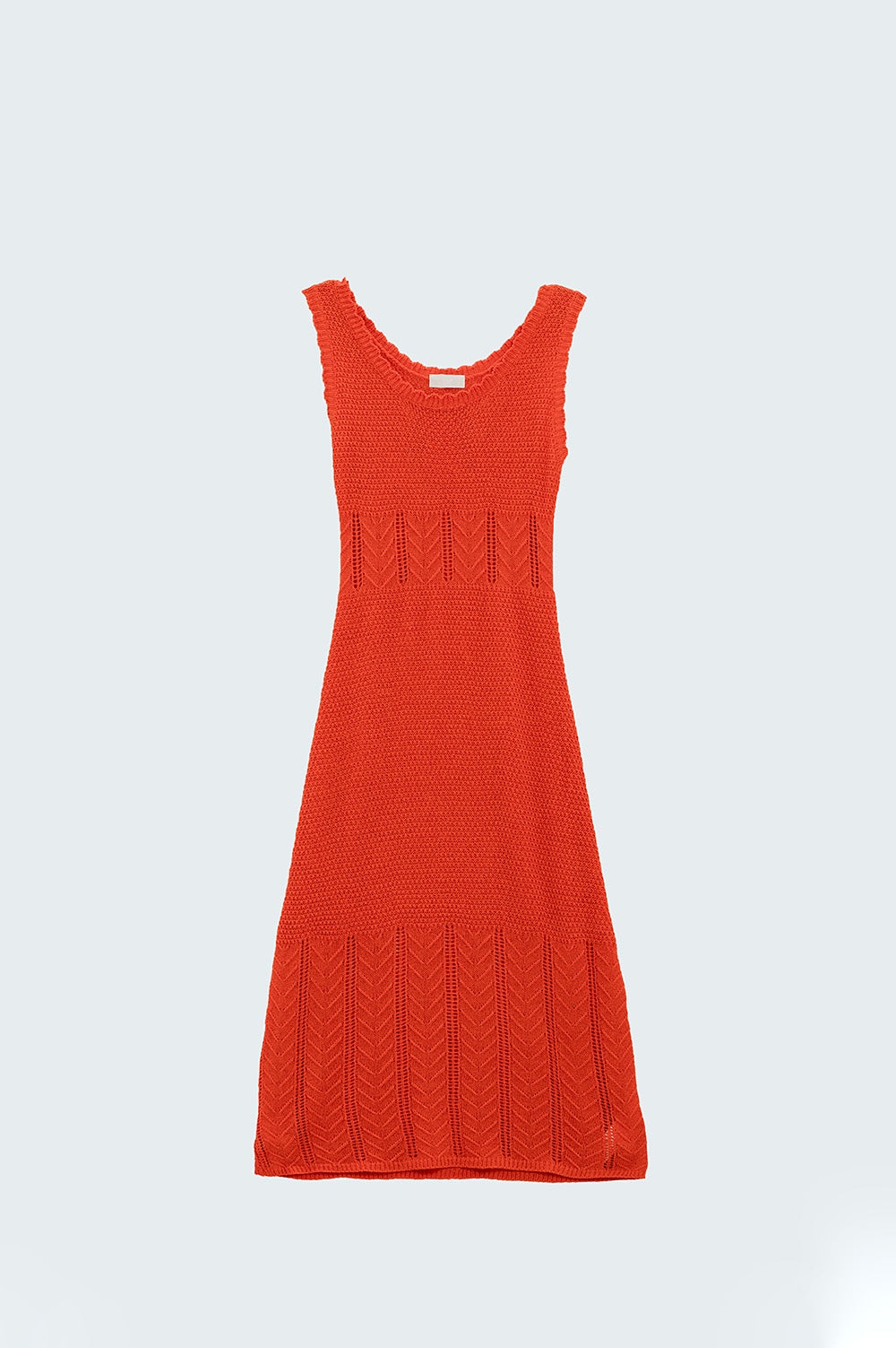 Sleeveless orange knit midi dress with round neck