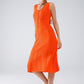 Sleeveless orange knit midi dress with round neck