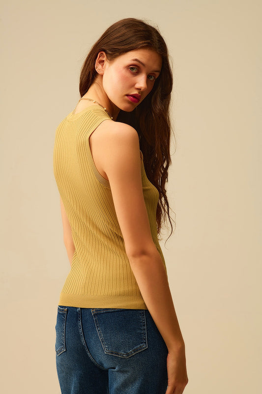 Sleeveless Ribbed knitted Top In camel