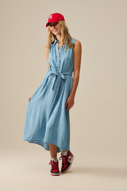 Sleeveless tencel fabric shirt dress in Blue