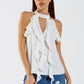 Q2 Sleeveless White Top with Ruffled Details and High Neck