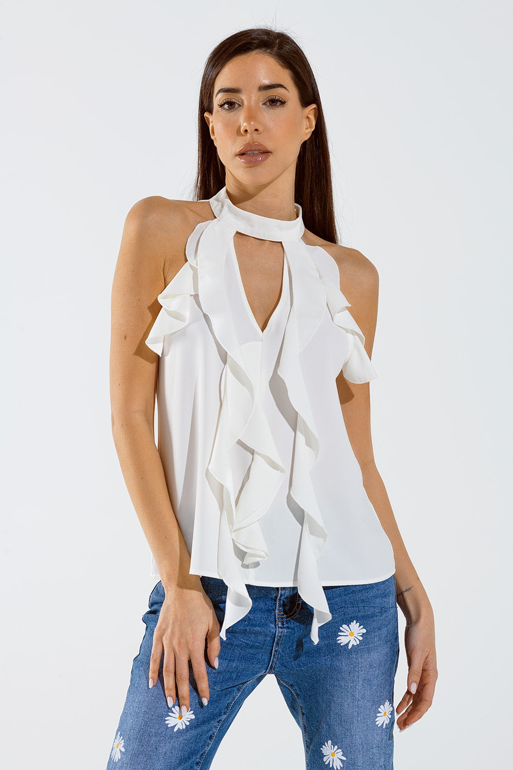 Q2 Sleeveless White Top with Ruffled Details and High Neck