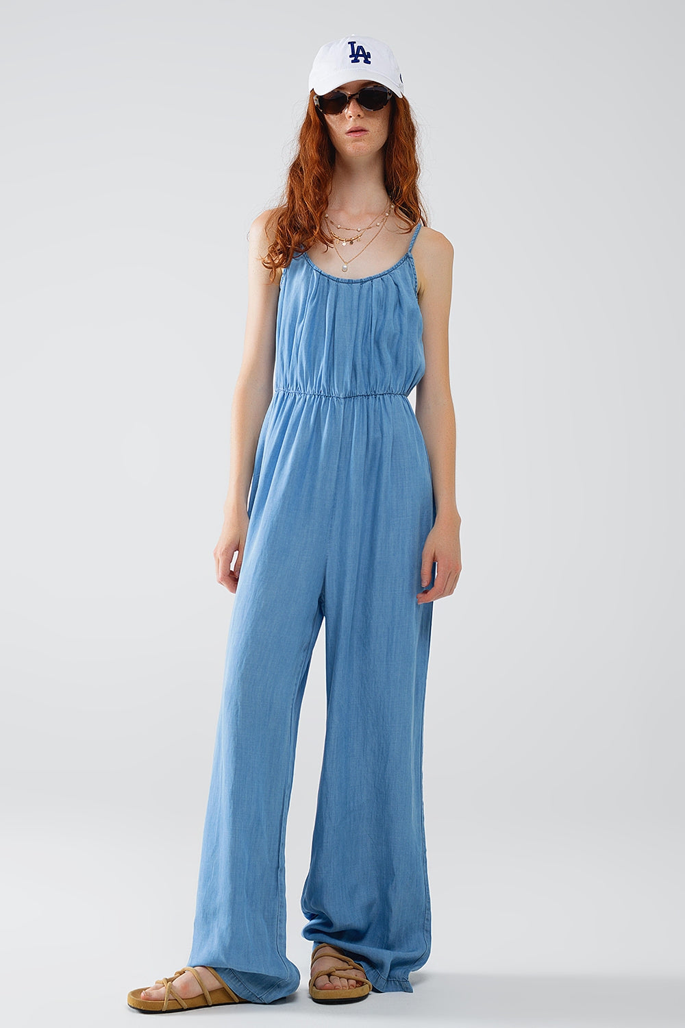 Q2 Sleevless Tencel Denim Jumpsuit With Elastic Waist