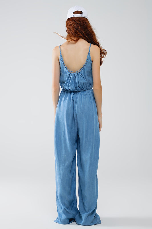 Sleevless Tencel Denim Jumpsuit With Elastic Waist