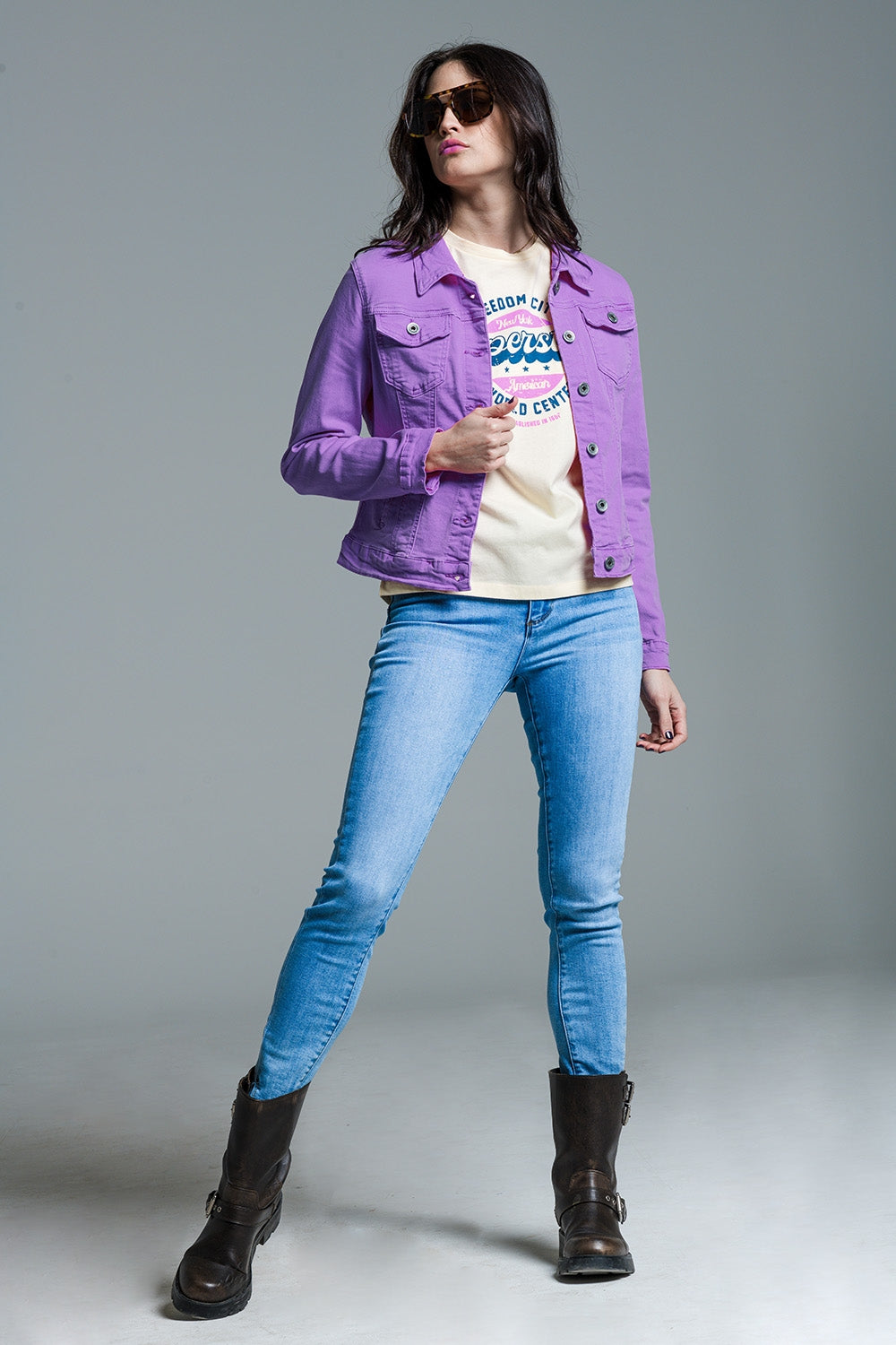 Q2 Slim denim trucker jacket in Lilac