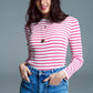 Q2 Slim Fit Fine Knit Boat Neck Sweater In White With Fuchsia Stripes