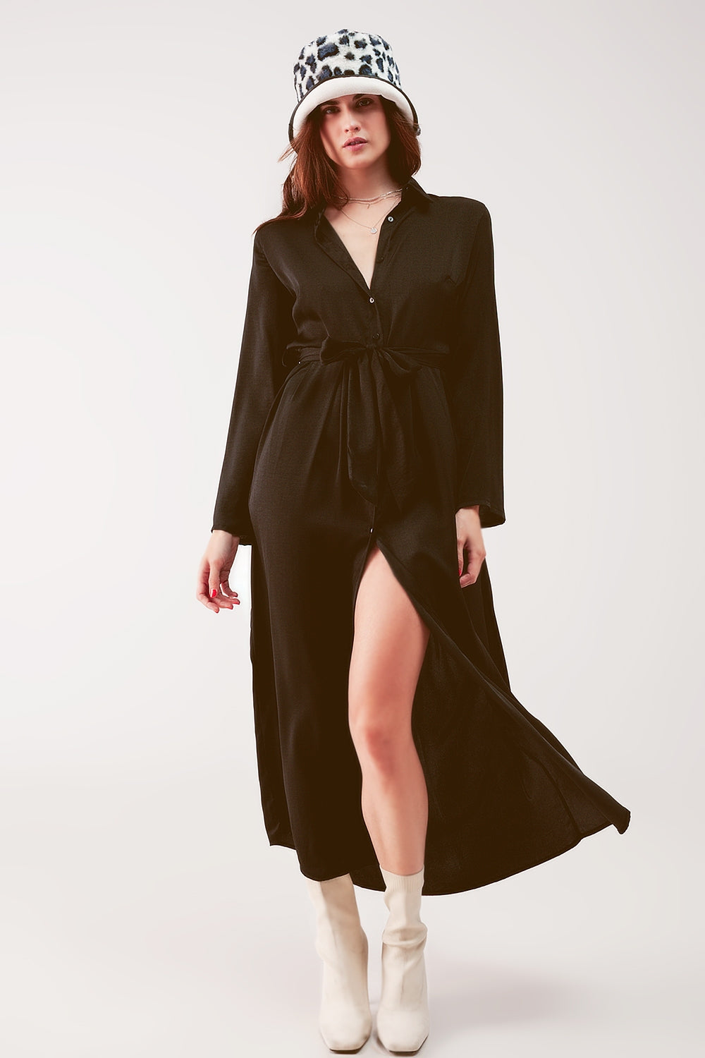 Slouchy plunge shirt maxi dress in black