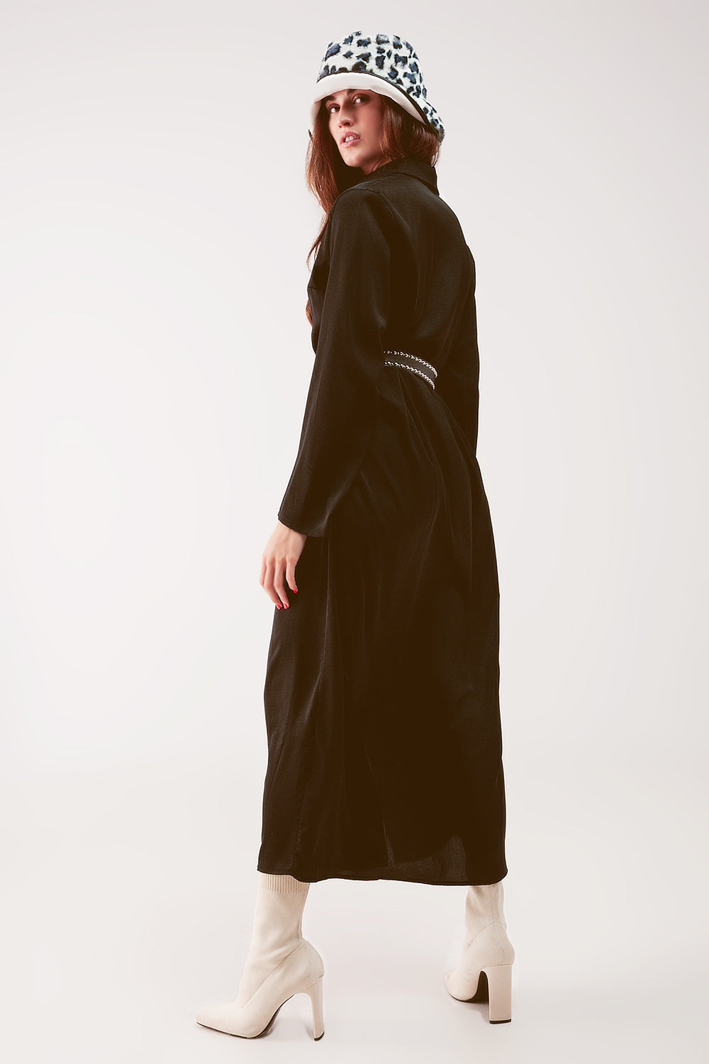 Slouchy plunge shirt maxi dress in black