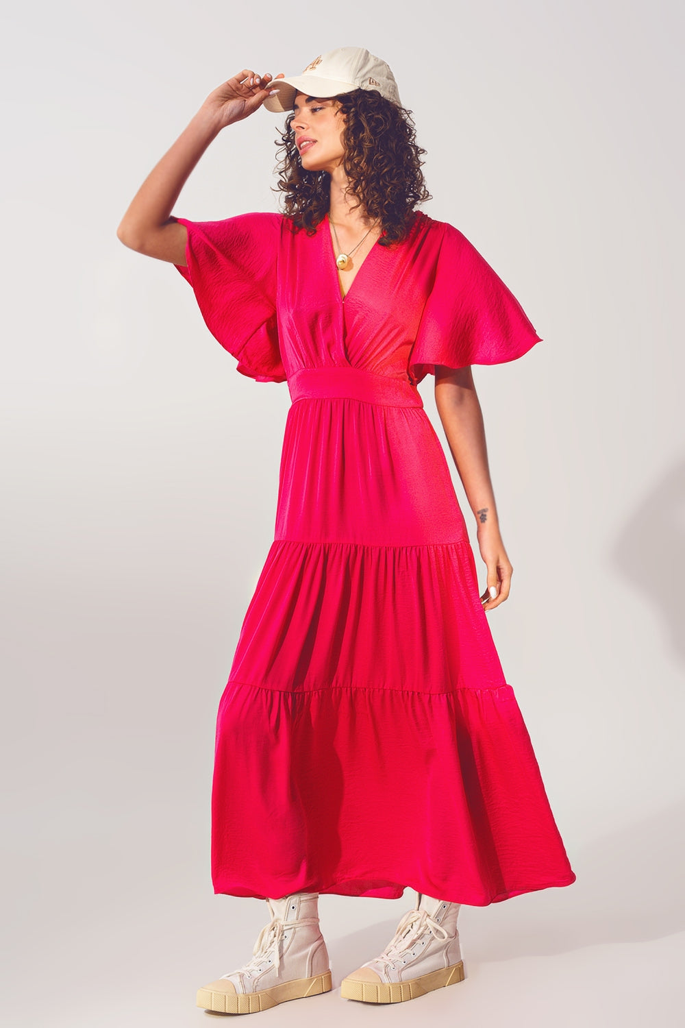 Q2 Smock V Neck Maxi Dress in fucsia