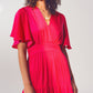 VESTIDO LARGO CON CUELLO V SMOCK en fucsia