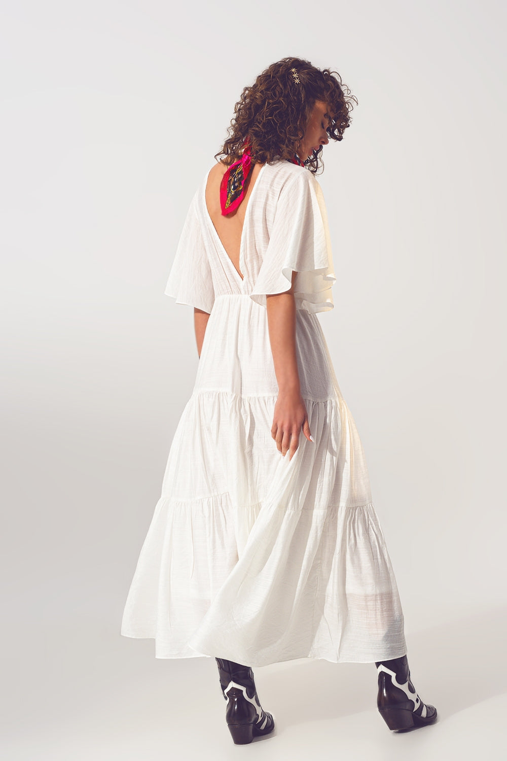 Smock V Neck Maxi Dress in White