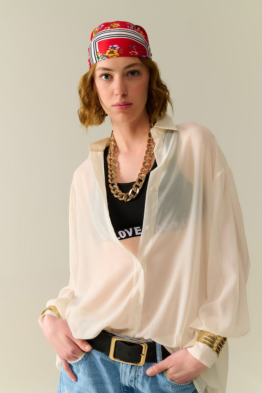 Soft beige chiffon blouse with glitter detail