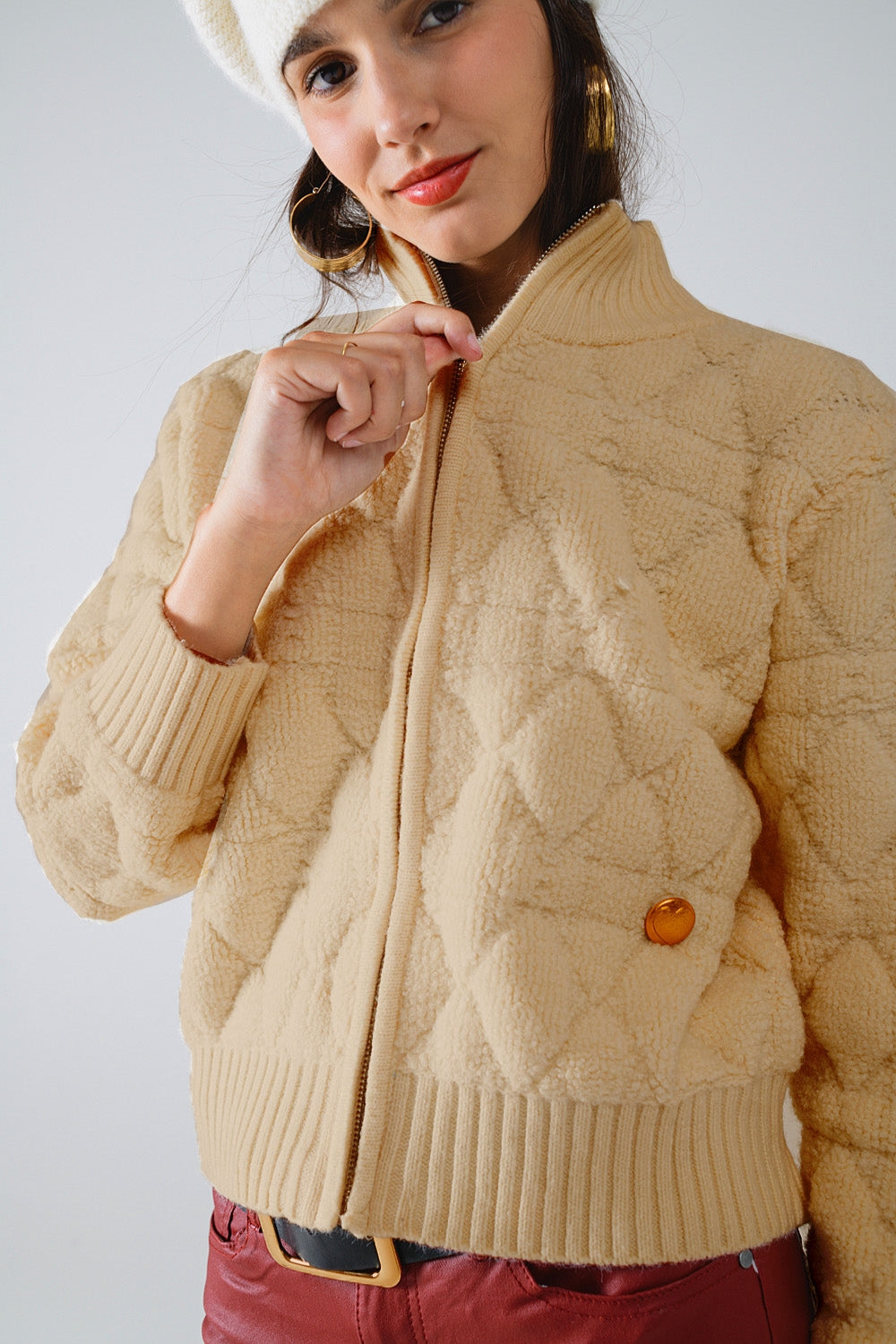 Soft chunky knit bomber jacket in camel color