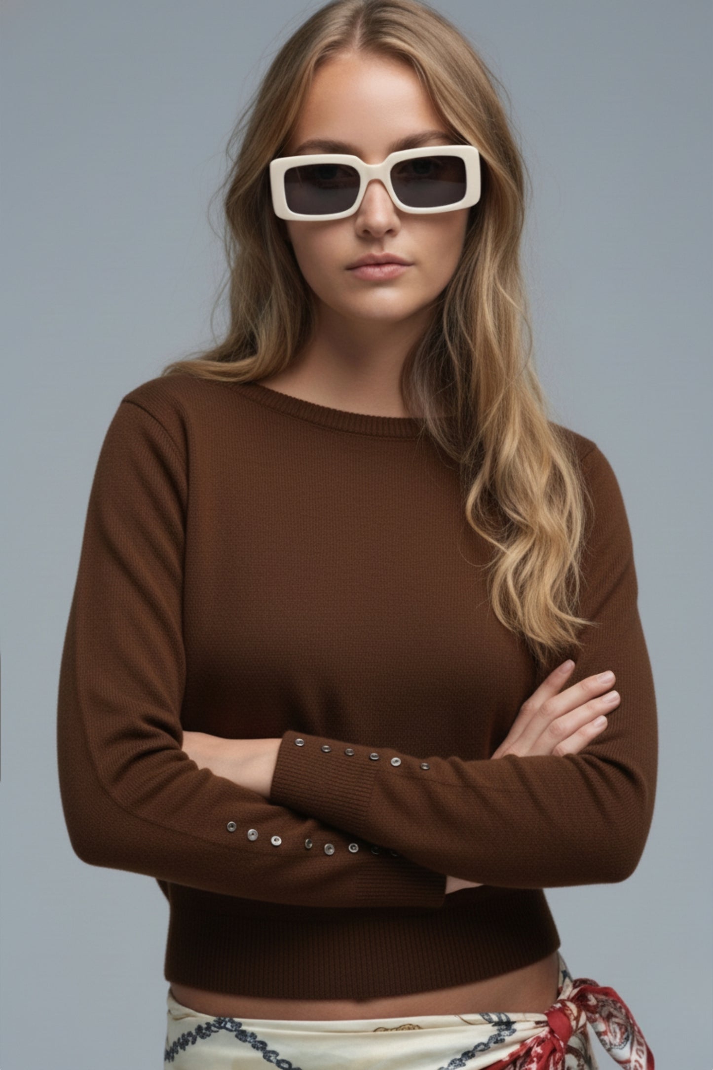 Soft knit Brown Sweater with sleeve button details