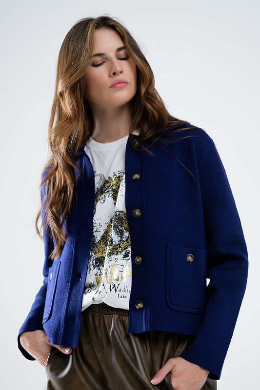 Soft knit cardigan in ink blue with front pockets