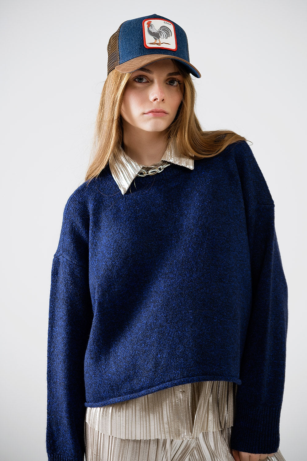 Q2 Soft knit navy jumper with balloon sleeves