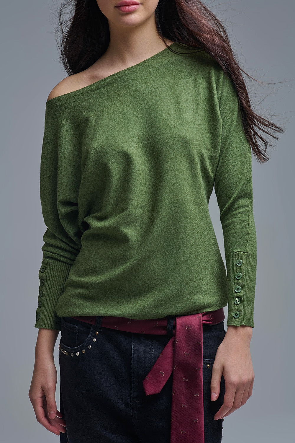 Soft knit olive green Sweater with sleeve button details