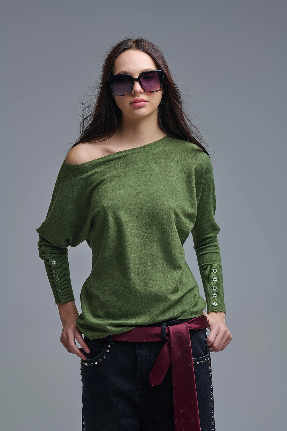 Soft knit olive green Sweater with sleeve button details