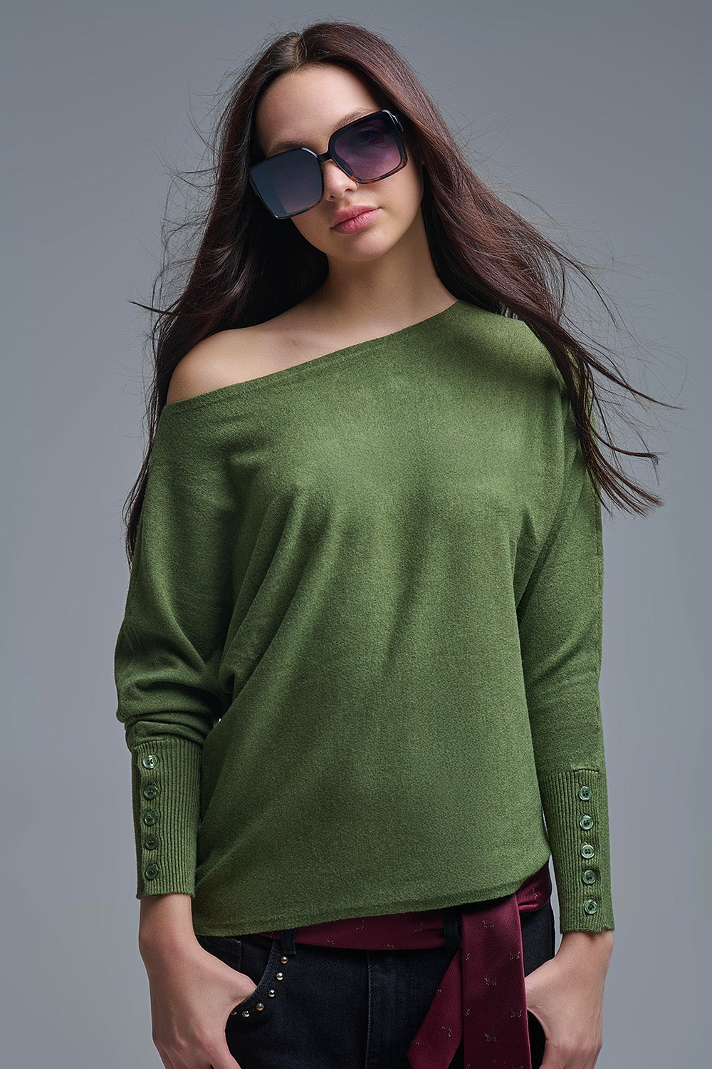 Soft knit olive green Sweater with sleeve button details