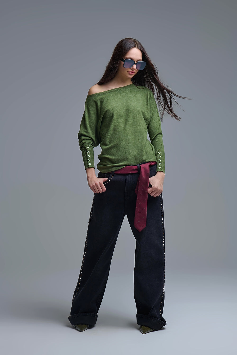 Soft knit olive green Sweater with sleeve button details