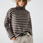 Q2 soft knit striped turtleneck sweater in brown