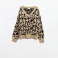 Q2 Soft knit v-neck sweater with leopard print