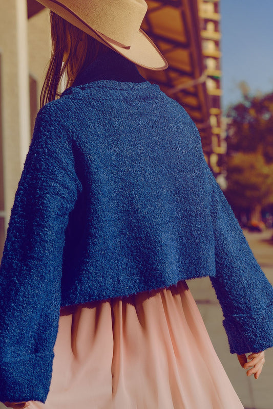 soft knitted high neck sweater in blue color