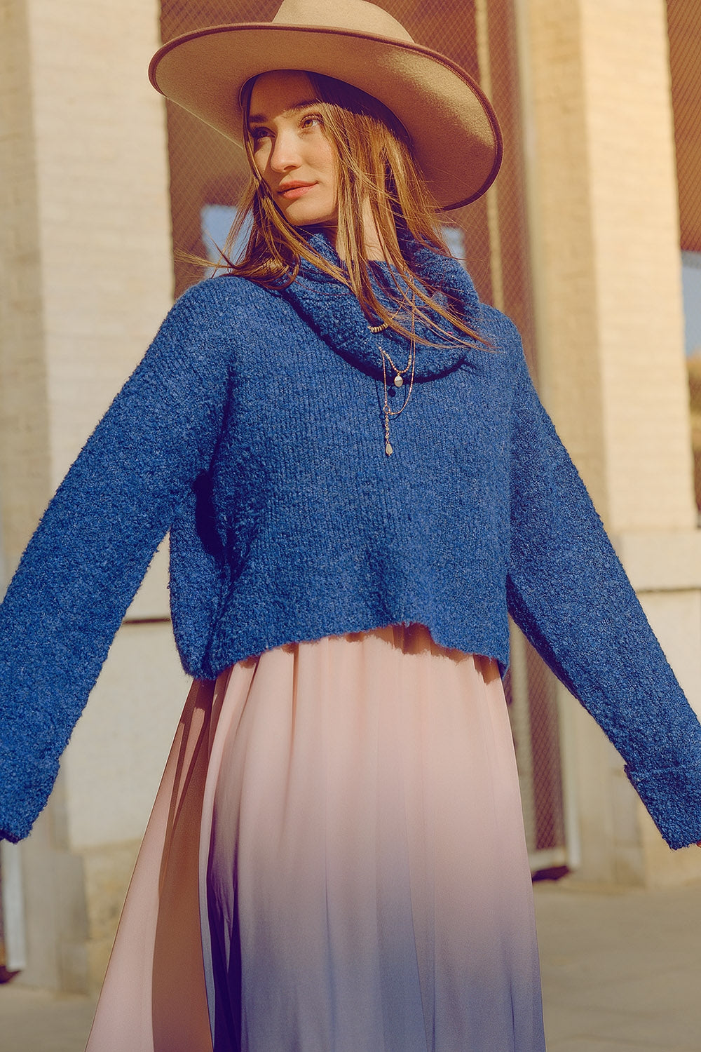 soft knitted high neck sweater in blue color