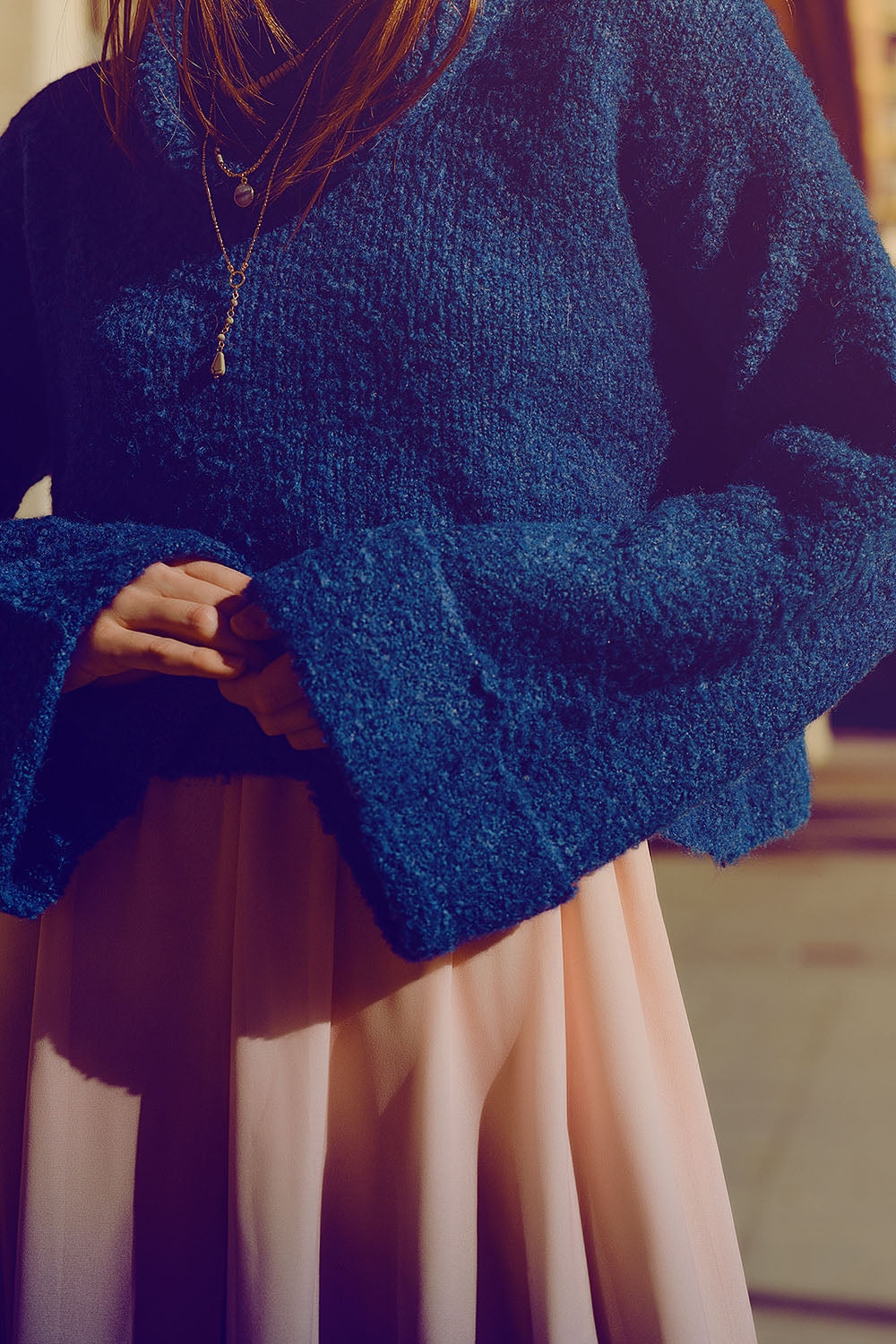 soft knitted high neck sweater in blue color