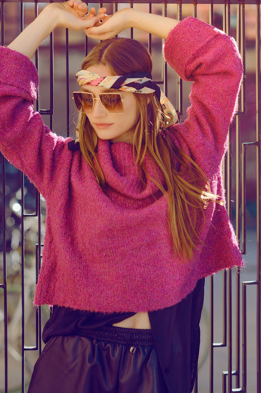 soft knitted high neck sweater in fucshia color