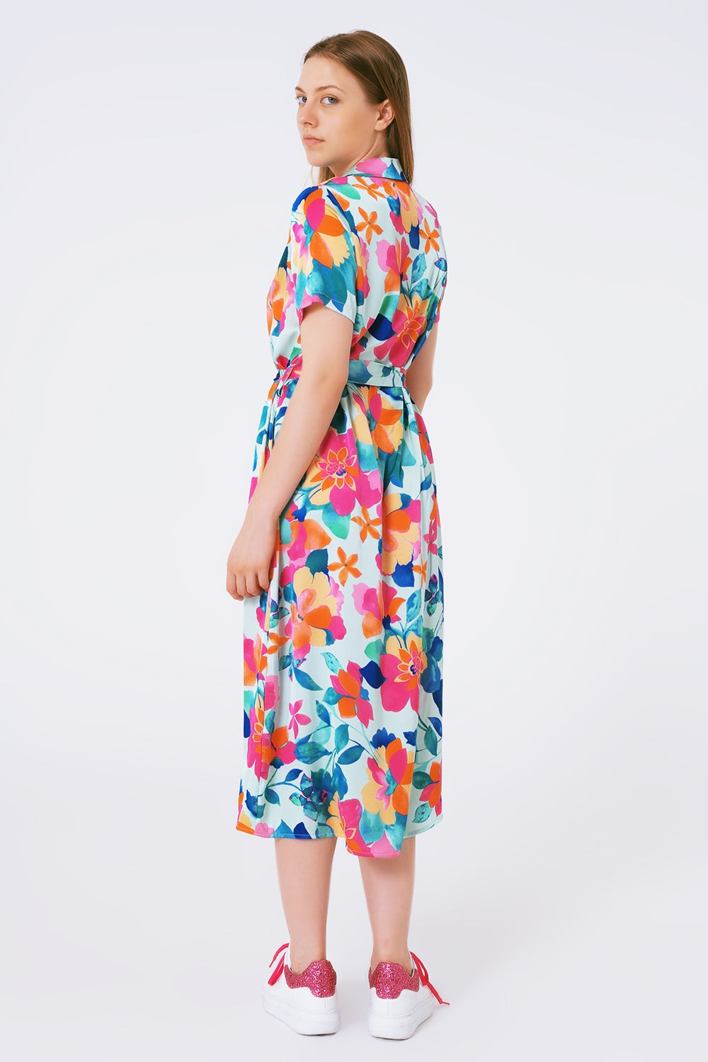 soft satin midi dress with flower print