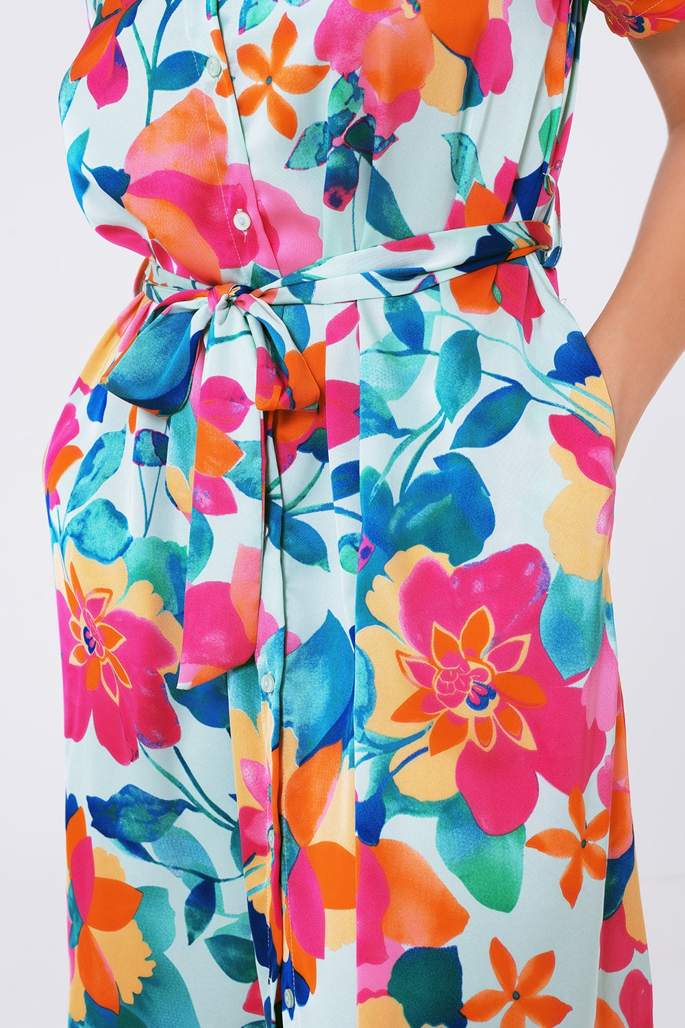 soft satin midi dress with flower print