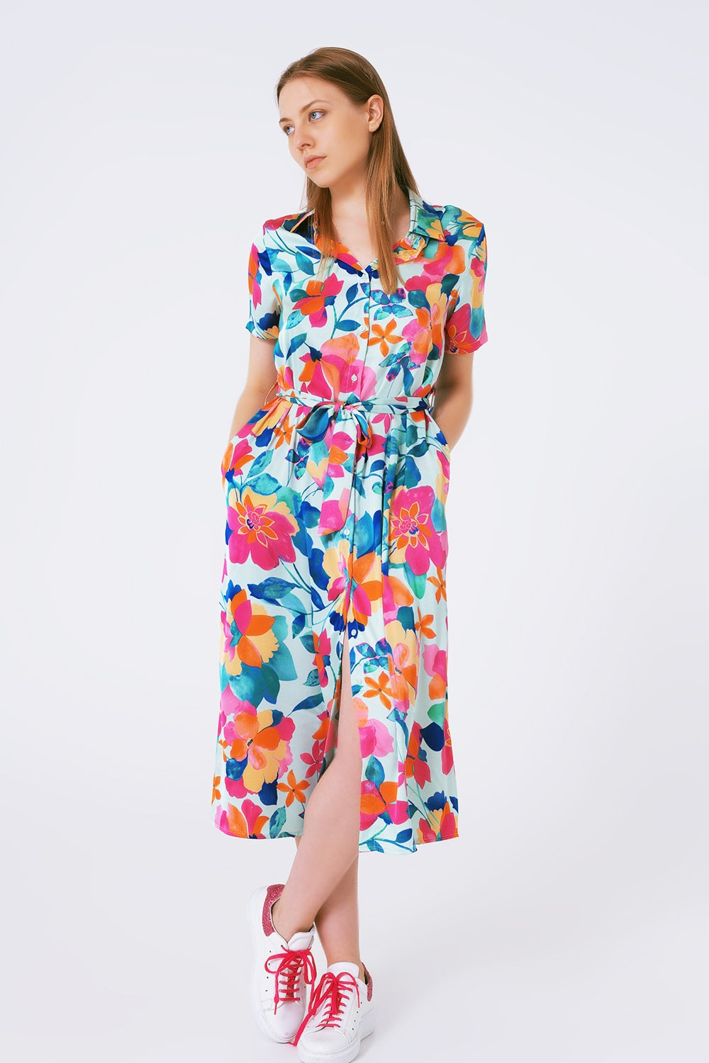 soft satin midi dress with flower print