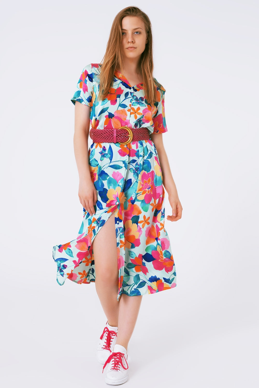 soft satin midi dress with flower print