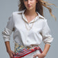 Q2 Sophisticated Pinstripe Cream-Striped High-Neck Shirt