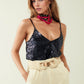 Q2 Spaguetti Strap Top With Deep V-Neckline In Navy Sequins