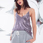 Q2 Spaguetti Strap Top With Deep V-Neckline In Silver Sequins