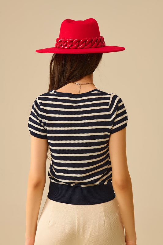 Square neck Stripped Sweater in navy and White