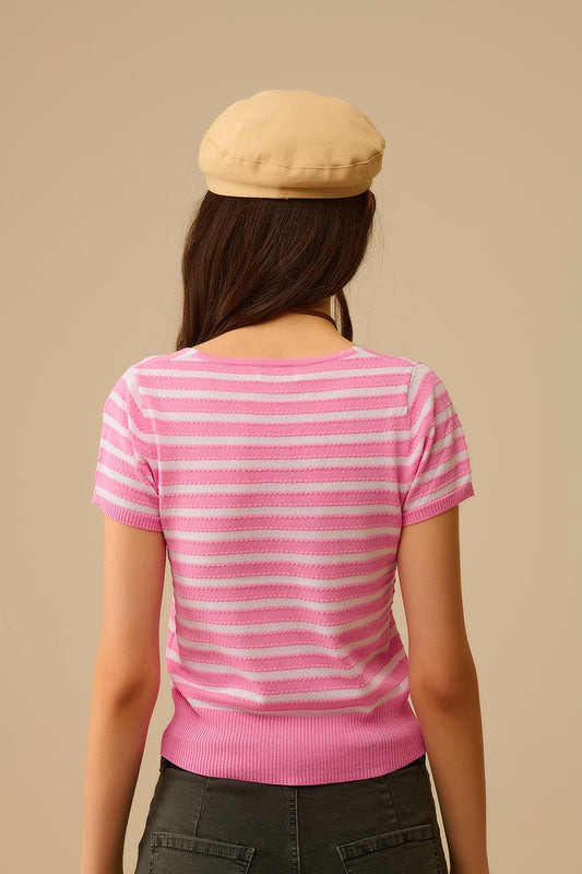 Square neck Stripped Sweater in Pink and White
