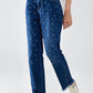 Q2 Straight Blue Jeans With Strass Front Details And Frayed Ends