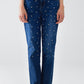 Straight Blue Jeans With Strass Front Details And Frayed Ends