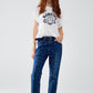 Straight Blue Jeans With Strass Front Details And Frayed Ends