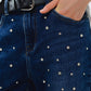 Straight Blue Jeans With Strass Front Details And Frayed Ends