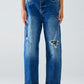 Q2 Straight Distressed Jeans With Paint Stains Details